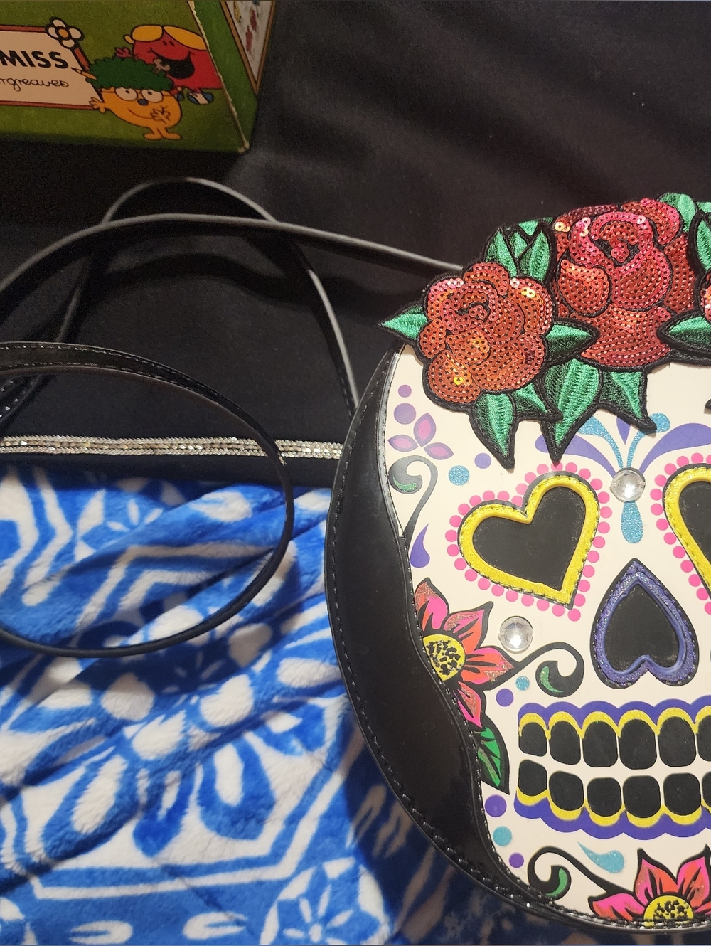 Betsey Johnson Day Of The Dead Black Round Purse Shoulder Bag W/ sequins - Picture 5 of 6